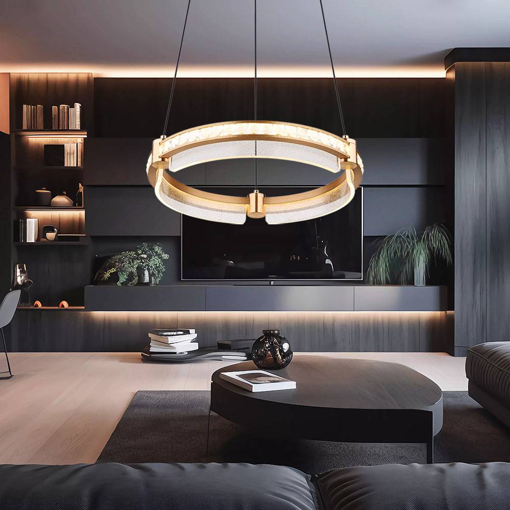 Hängeleuchte Pendellampe Esszimmerleuchte Wohnzimmerlampe Küchenleuchte, Metall Aluminium Kristalle gold, dimmbar Fernbedienung CCT, LED 36W 2000Lm