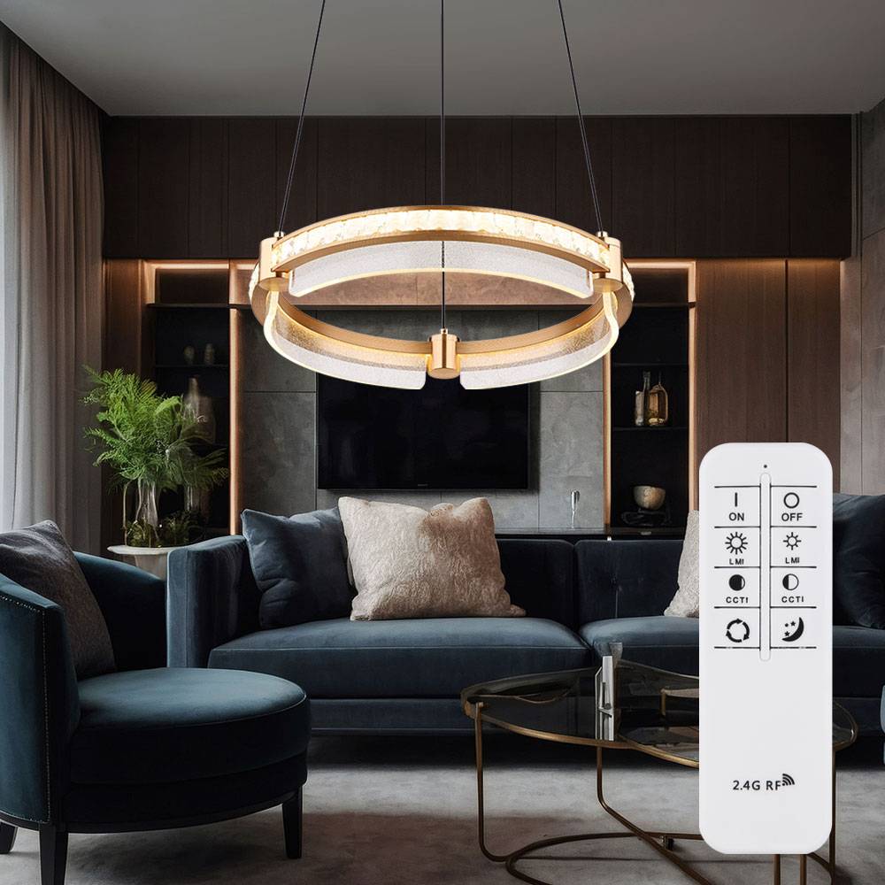 Hängeleuchte Pendellampe Esszimmerleuchte Wohnzimmerlampe Küchenleuchte, Metall Aluminium Kristalle gold, dimmbar Fernbedienung CCT, LED 36W 2000Lm