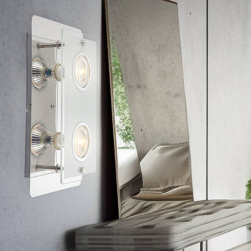 Wandlampe Wandleuchte Wohnzimmerlampe Flurleuchte Schlafzimmerlampe, 2 Flammig, Glasplatte klar Chrom opal, LED 5W 400Lm warmweiß, DxH 7,4x16cm, 2er