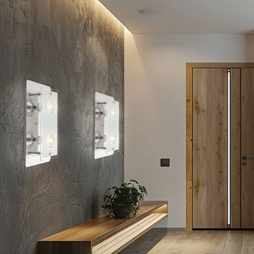 Wandlampe Wandleuchte Wohnzimmerlampe Flurleuchte Schlafzimmerlampe, 2 Flammig, Glasplatte klar Chrom opal, LED 5W 400Lm warmweiß, DxH 7,4x16cm, 2er