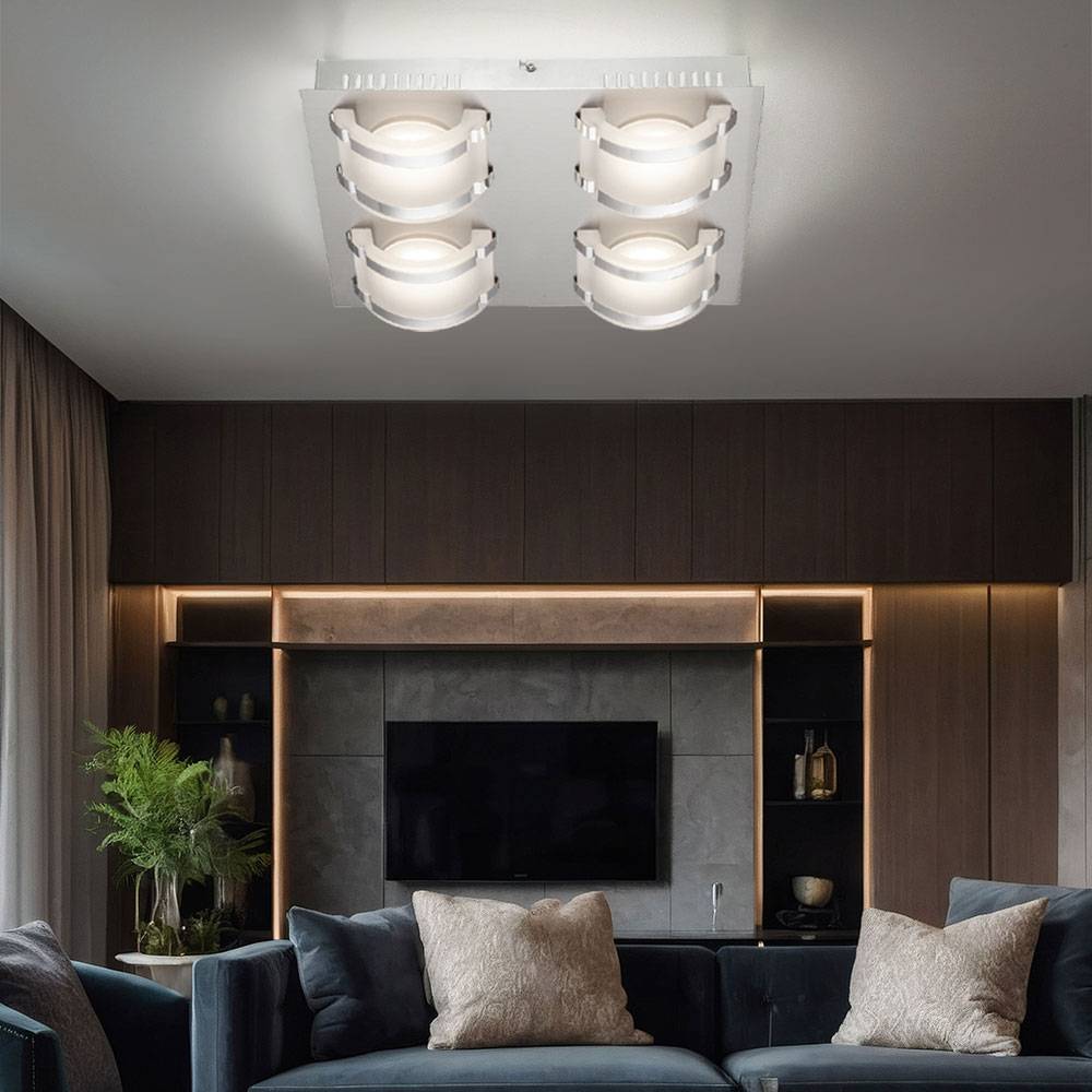 Deckenlampe Deckenleuchte Wohnzimmerlampe Esszimmerleuchte Flurlampe, 4 Flammig, Glas satiniert Chrom, LED 5W 1920Lm warmweiß, HxBxL 7,5x28,5x33,5cm