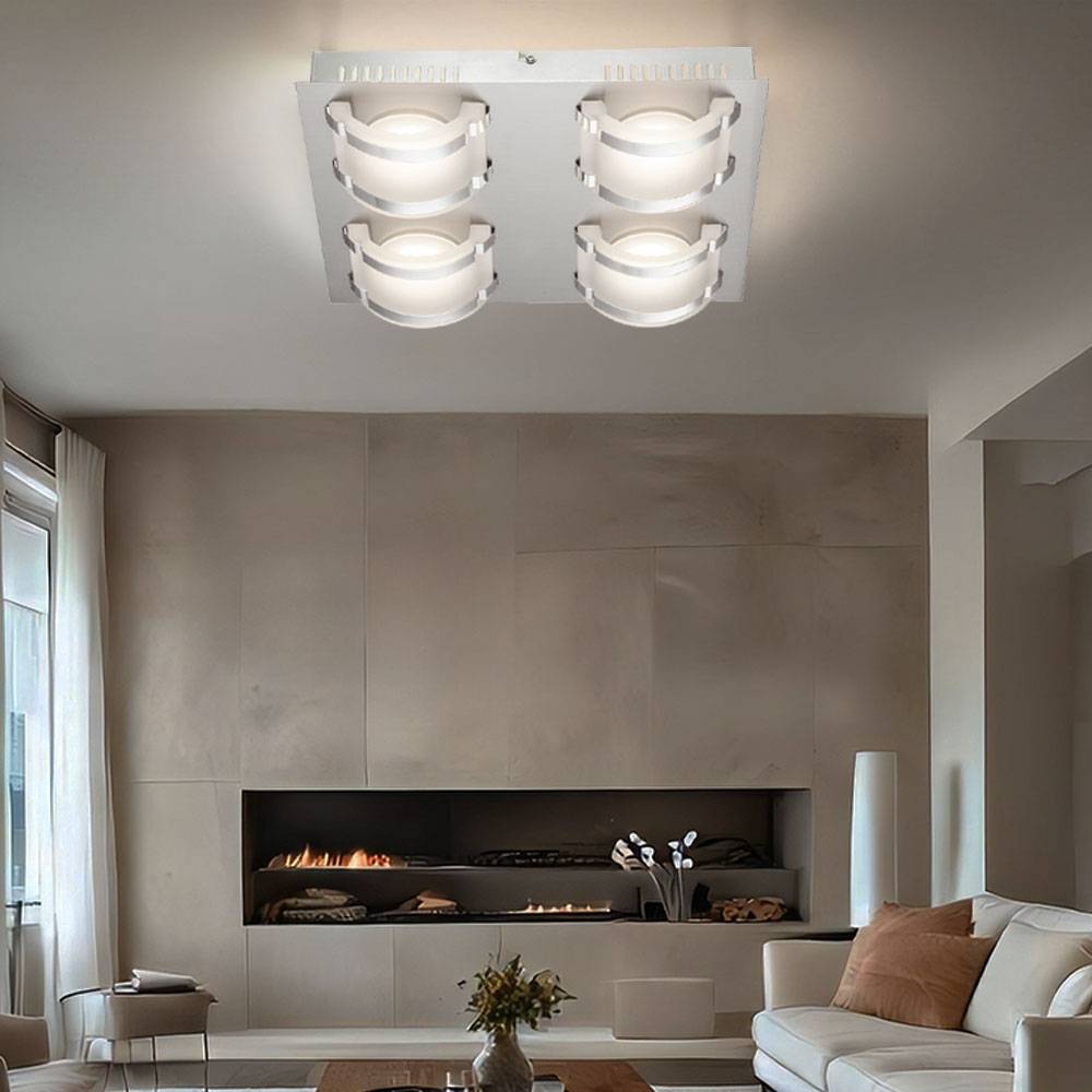 Deckenlampe Deckenleuchte Wohnzimmerlampe Esszimmerleuchte Flurlampe, 4 Flammig, Glas satiniert Chrom, LED 5W 1920Lm warmweiß, HxBxL 7,5x28,5x33,5cm