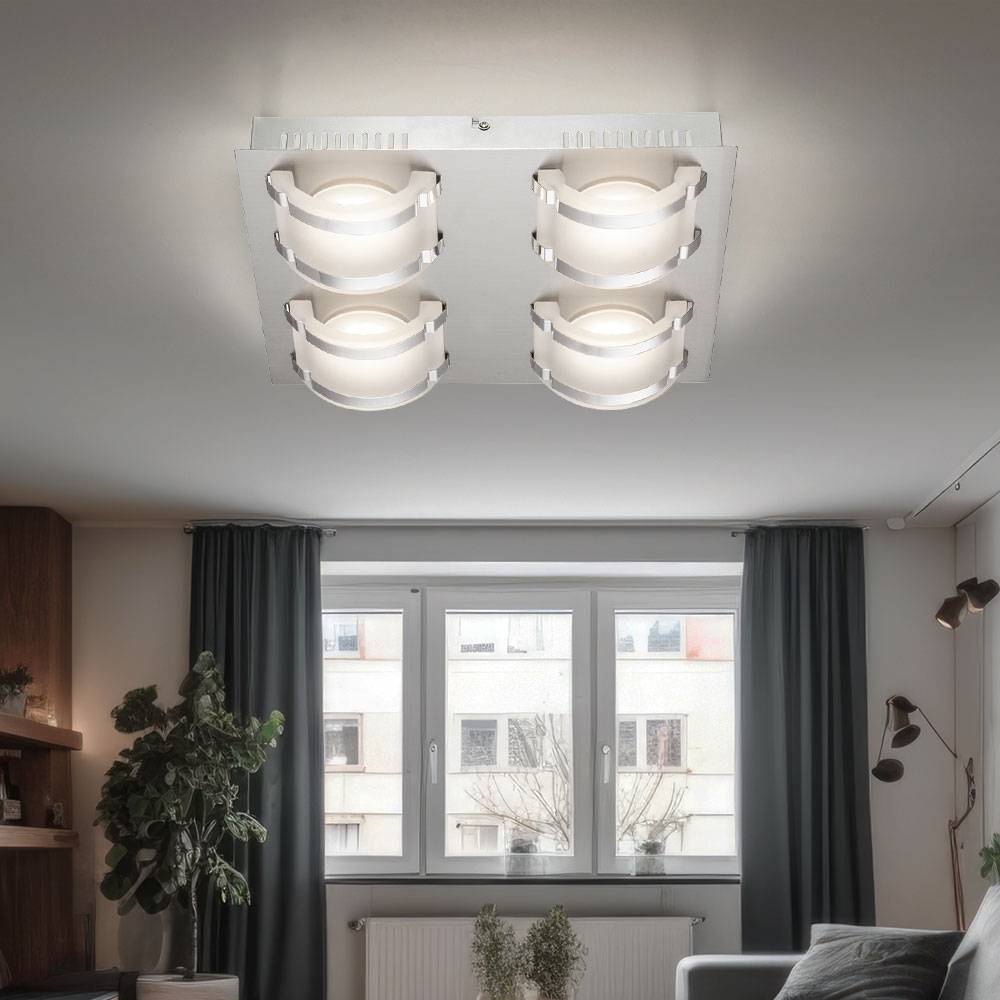 Deckenlampe Deckenleuchte Wohnzimmerlampe Esszimmerleuchte Flurlampe, 4 Flammig, Glas satiniert Chrom, LED 5W 1920Lm warmweiß, HxBxL 7,5x28,5x33,5cm