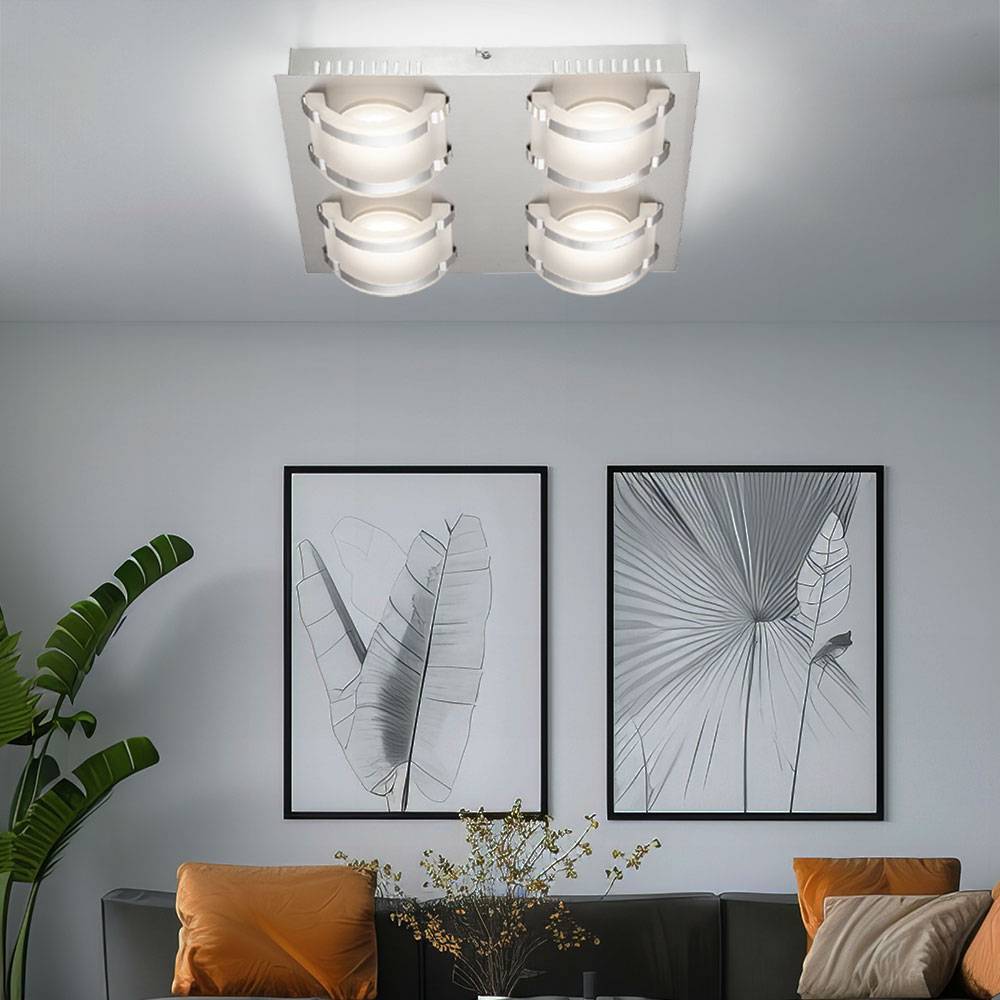 Deckenlampe Deckenleuchte Wohnzimmerlampe Esszimmerleuchte Flurlampe, 4 Flammig, Glas satiniert Chrom, LED 5W 1920Lm warmweiß, HxBxL 7,5x28,5x33,5cm