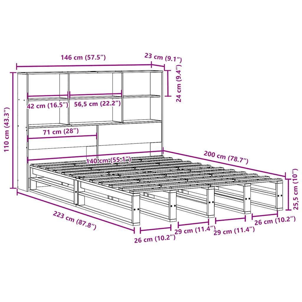 vidaXL Massivholzbett mit Regal ohne Matratze Wachsbraun 140x200 cm