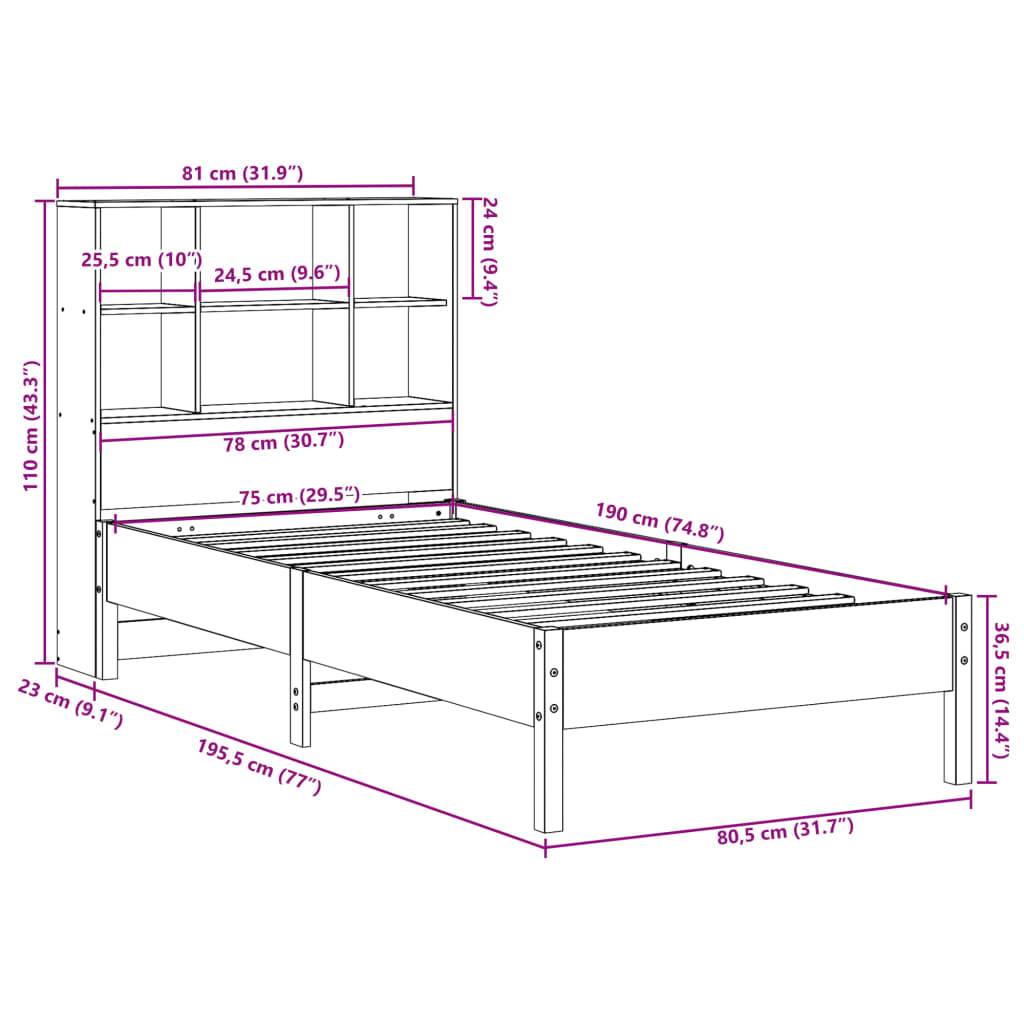vidaXL Massivholzbett mit Regal ohne Matratze Wachsbraun 75x190 cm