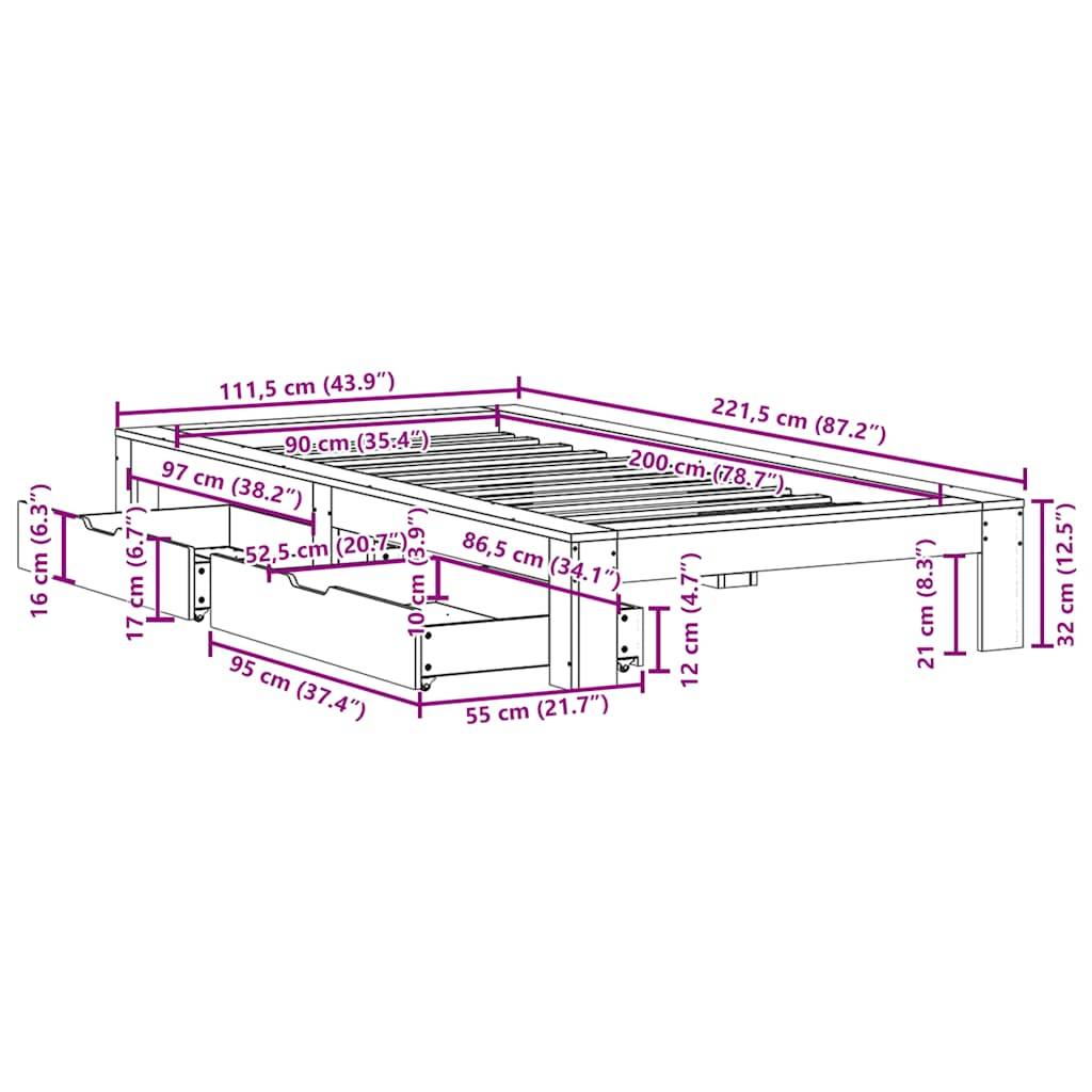 vidaXL Massivholzbett ohne Matratze Wachsbraun 90x200 Kiefernholz