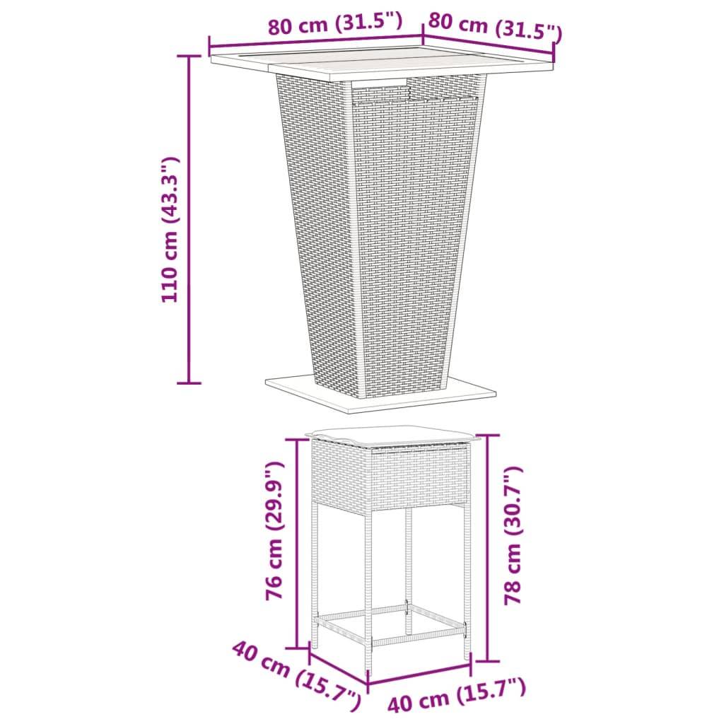 vidaXL 3-tlg. Gartenbar-Set mit Kissen Grau Poly Rattan
