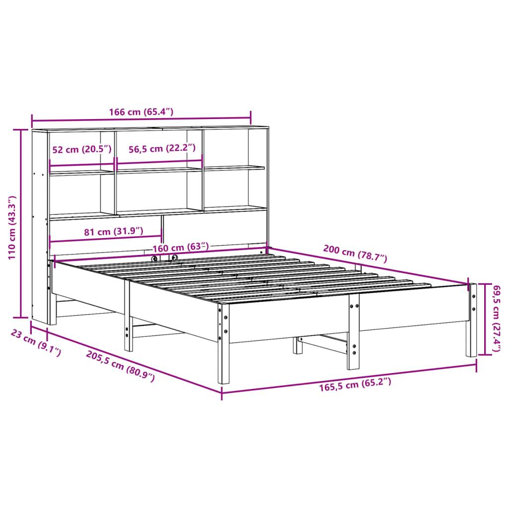vidaXL Massivholzbett mit Regal ohne Matratze Wachsbraun 160x200 cm