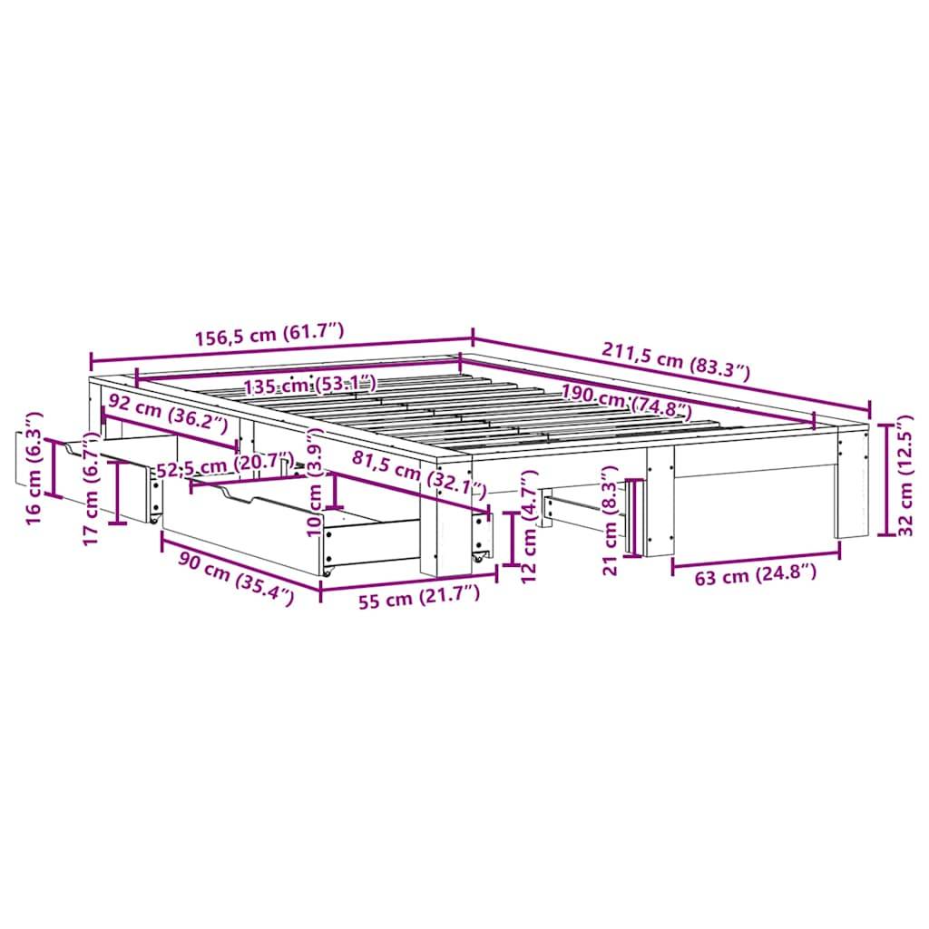 vidaXL Massivholzbett ohne Matratze Weiß 135x190 cm Kiefernholz
