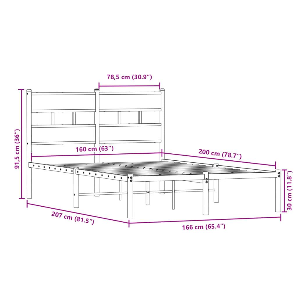 vidaXL Metallbett ohne Matratze Sonoma-Eiche 160x200 cm