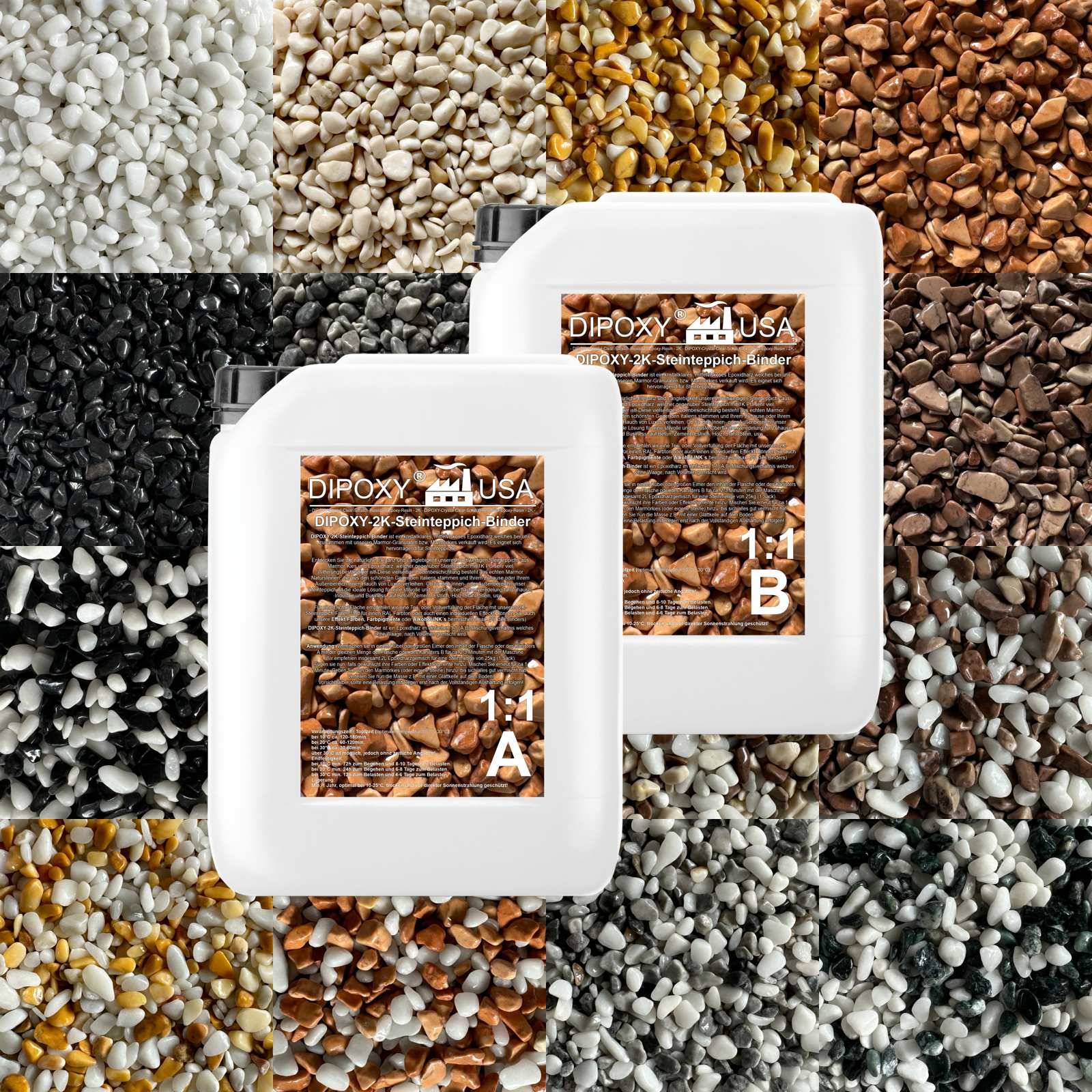 Steinteppich Epoxidharz Set Innen & Außen (ca. 56kg / 2-2,5m²) | 50kg 2-4mm Marmorkies + 6L, 2K Epoxidharz Bindemittel | (Bianco Grigio Nero)