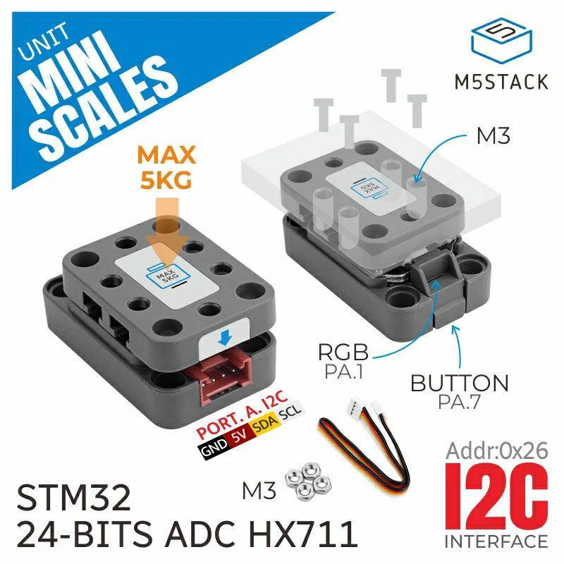 M5Stack Mini Scales Unit, STM32, HX711 ADC, I2C, 5KG Kapazität, SK6812 LED, Arduino/Python