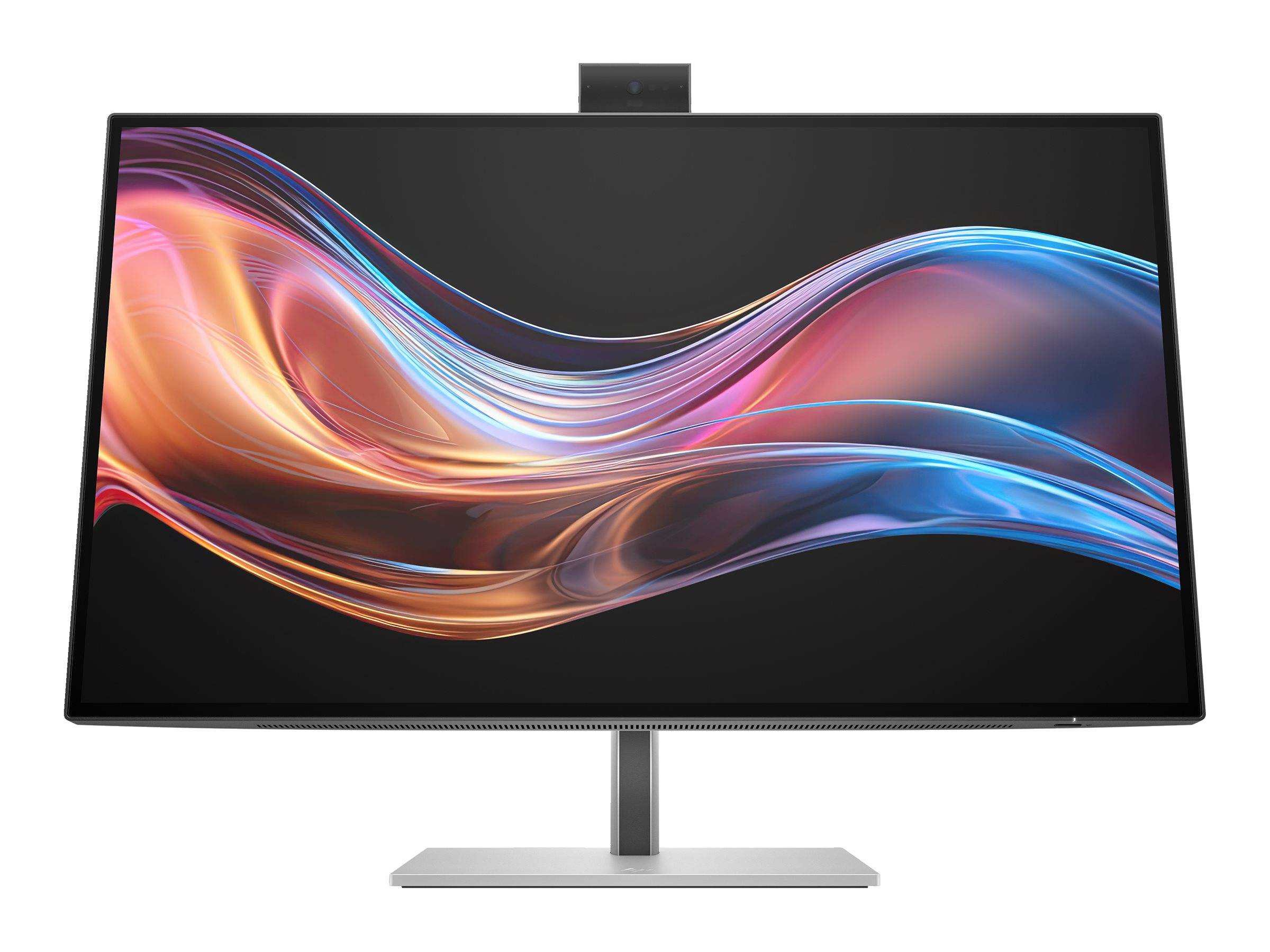Ein moderner Desktop-Monitor auf einem Ständer, der auf einem schwarzen Bildschirm eine farbenfrohe abstrakte Wellen-Tapete anzeigt.