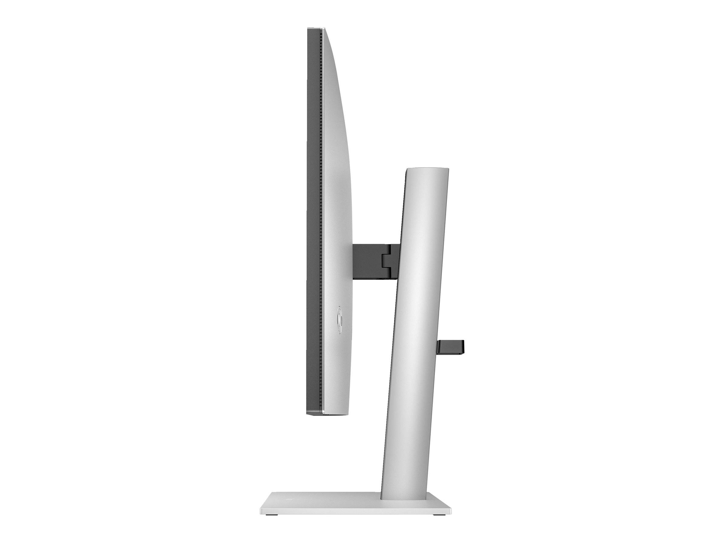 Seitenansicht eines schlanken Desktop-Monitors auf einem verstellbaren Ständer mit rechteckiger Basis, zeigt das Display vertikal angewinkelt.