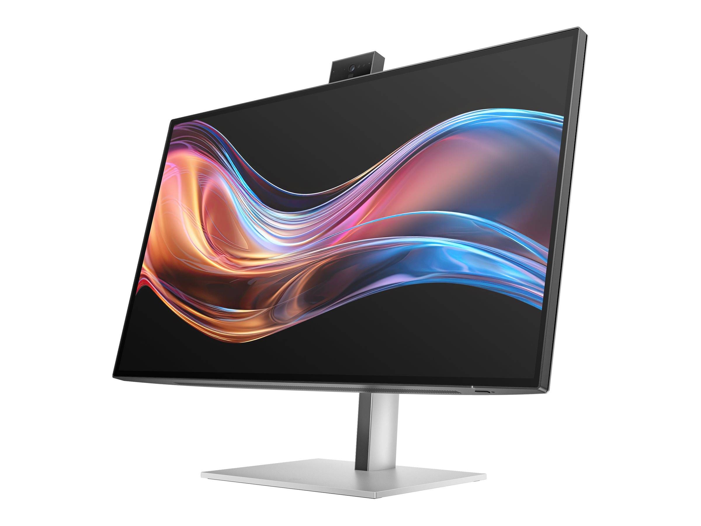 Ein schlanker Flachbildschirm-Computermonitor mit schwarzem Display, das bunte wellenförmige abstrakte Grafiken auf einem weißen Standfuß zeigt.