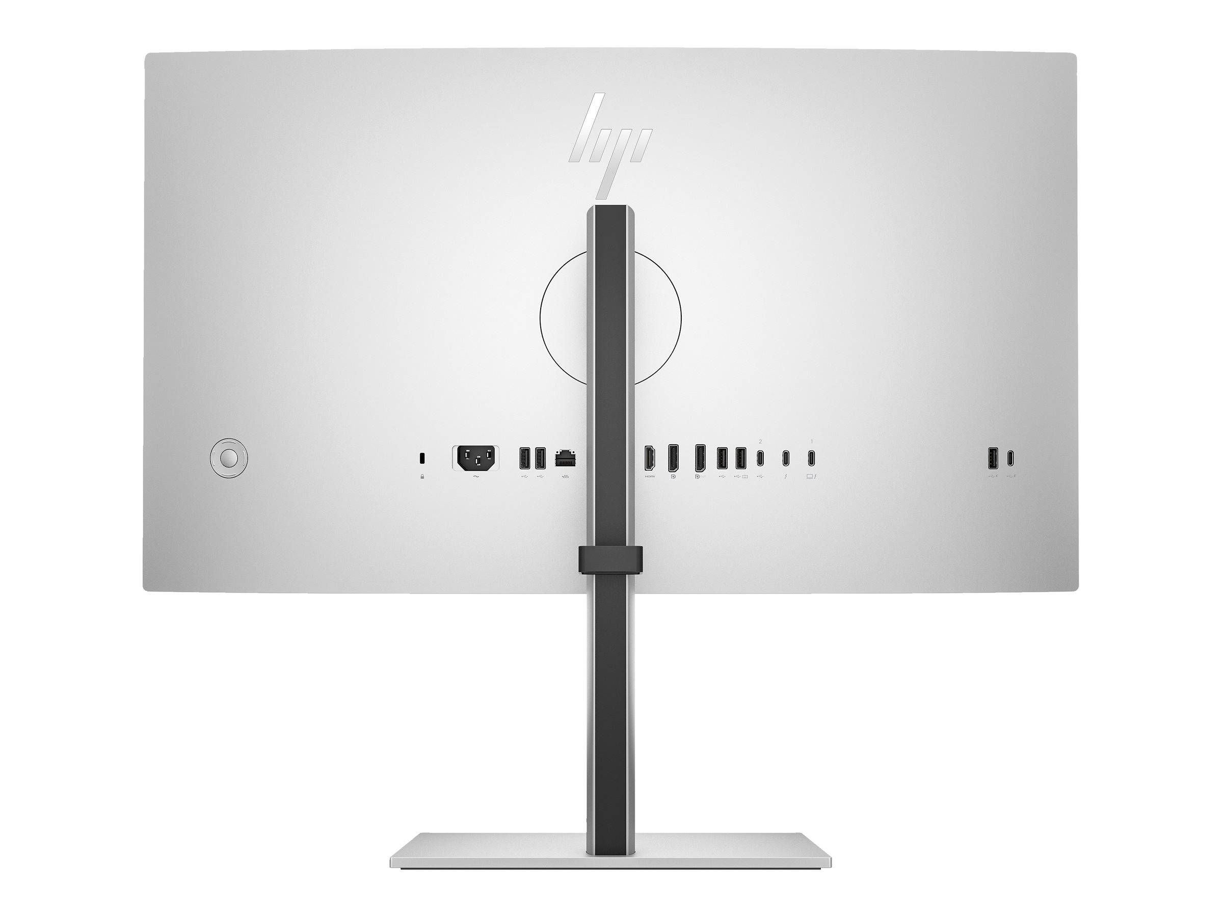 Rückansicht eines silbernen HP-Monitors auf einem Ständer, die die Anschlüsse der Rückseite und Belüftungsschlitze zeigt.