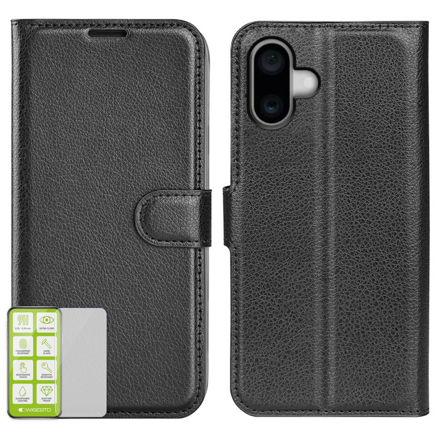Für Apple iPhone 16 Kunst Leder Book Wallet Tasche Schwarz + Hart Glas