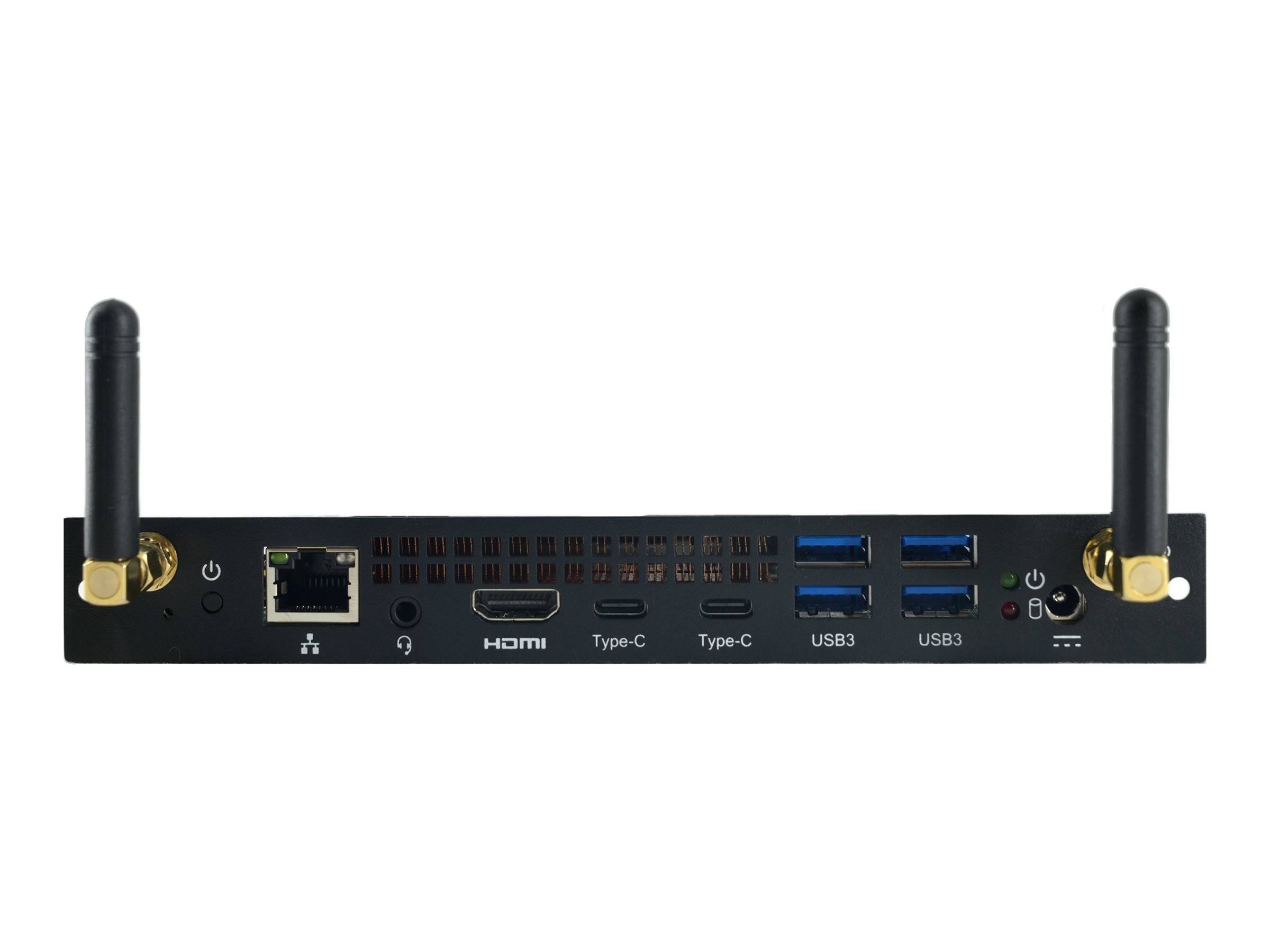 Vorderansicht einer Mini-PC-Platine mit zwei externen Antennen und Anschlüssen: Ethernet, HDMI, zwei USB-C, vier USB 3.0, Stromversorgung, Audio und Status-LEDs.