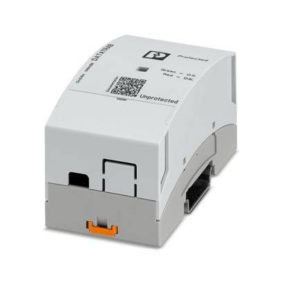 Ein weißes elektrisches Gerät mit einem QR-Code an der Seite, beschriftet mit ‚Protecting'. Es ist dafür ausgelegt, an einer Hutschiene in Schaltanlagen befestigt zu werden.