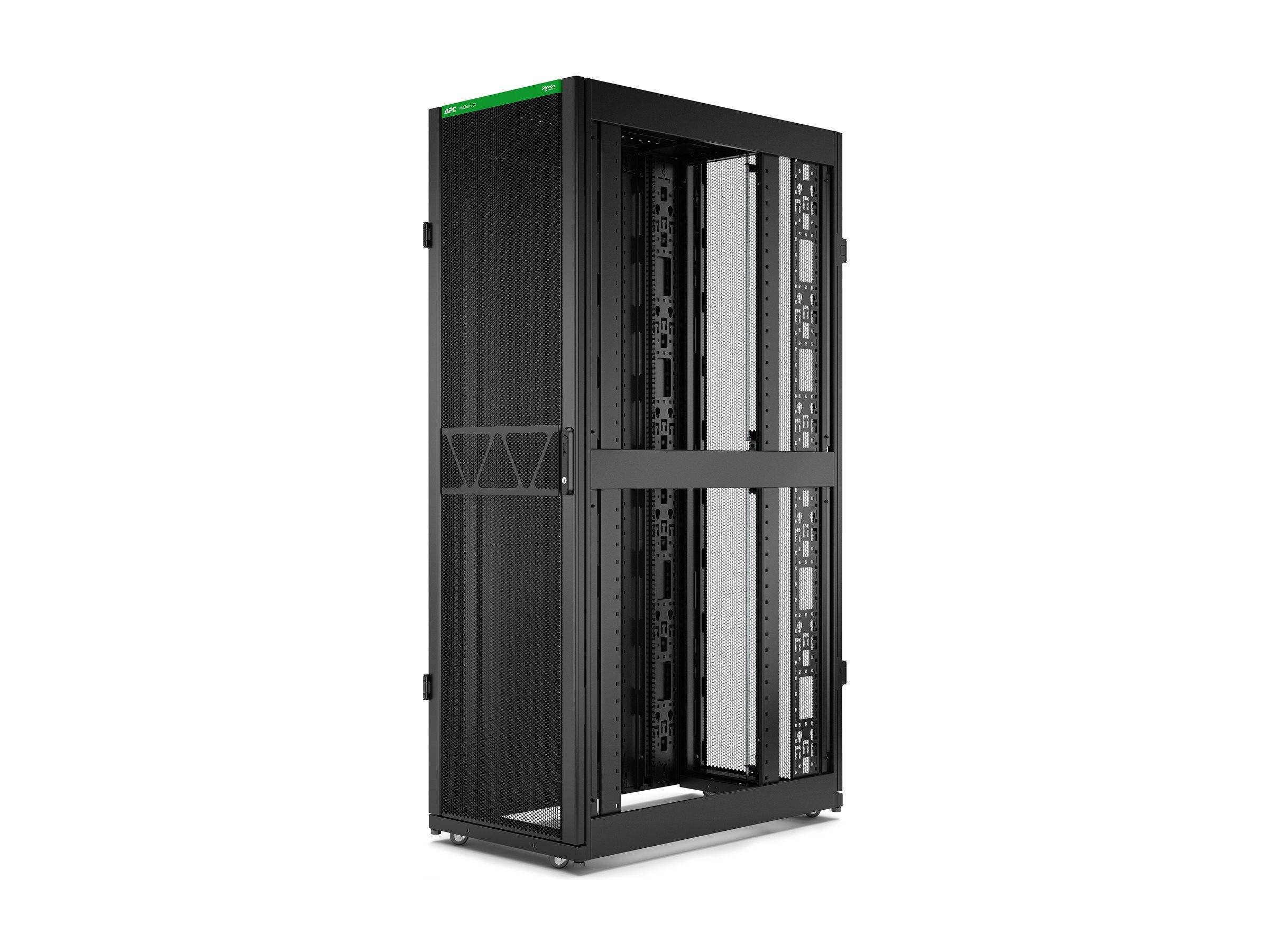 Schwarzer freistehender Server-Rack-Schrank mit Glastür vorne offen, zeigt leere Geräteträger und Kabelmanagement-Rahmen.
