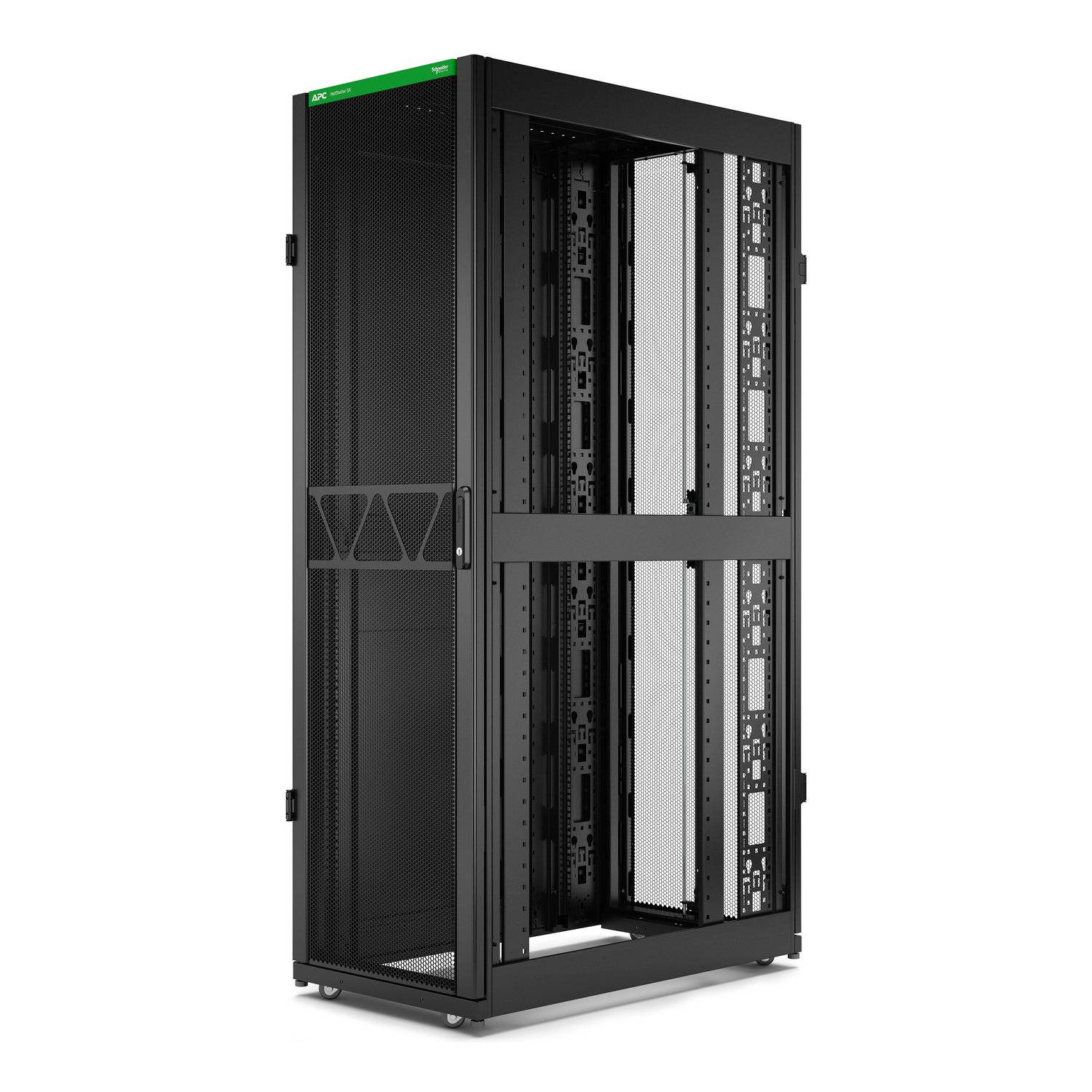 Schwarzer Server-Rack-Schrank mit Glastür aus Netzgeflecht und offenem Innenraum, der Montageschienenund Ausrüstungsschächte zeigt.