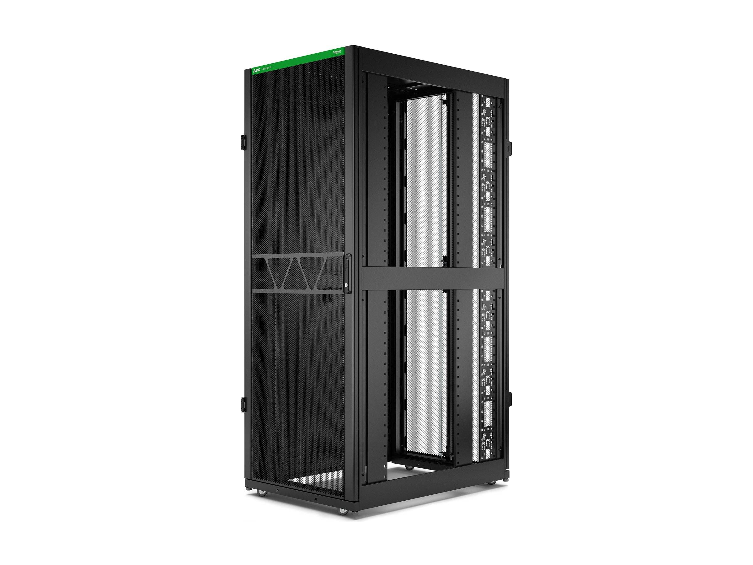 Schwarzer Server-Rack-Schrank mit Glastür und offenem Innenraum, gezeigt auf weißem Hintergrund.