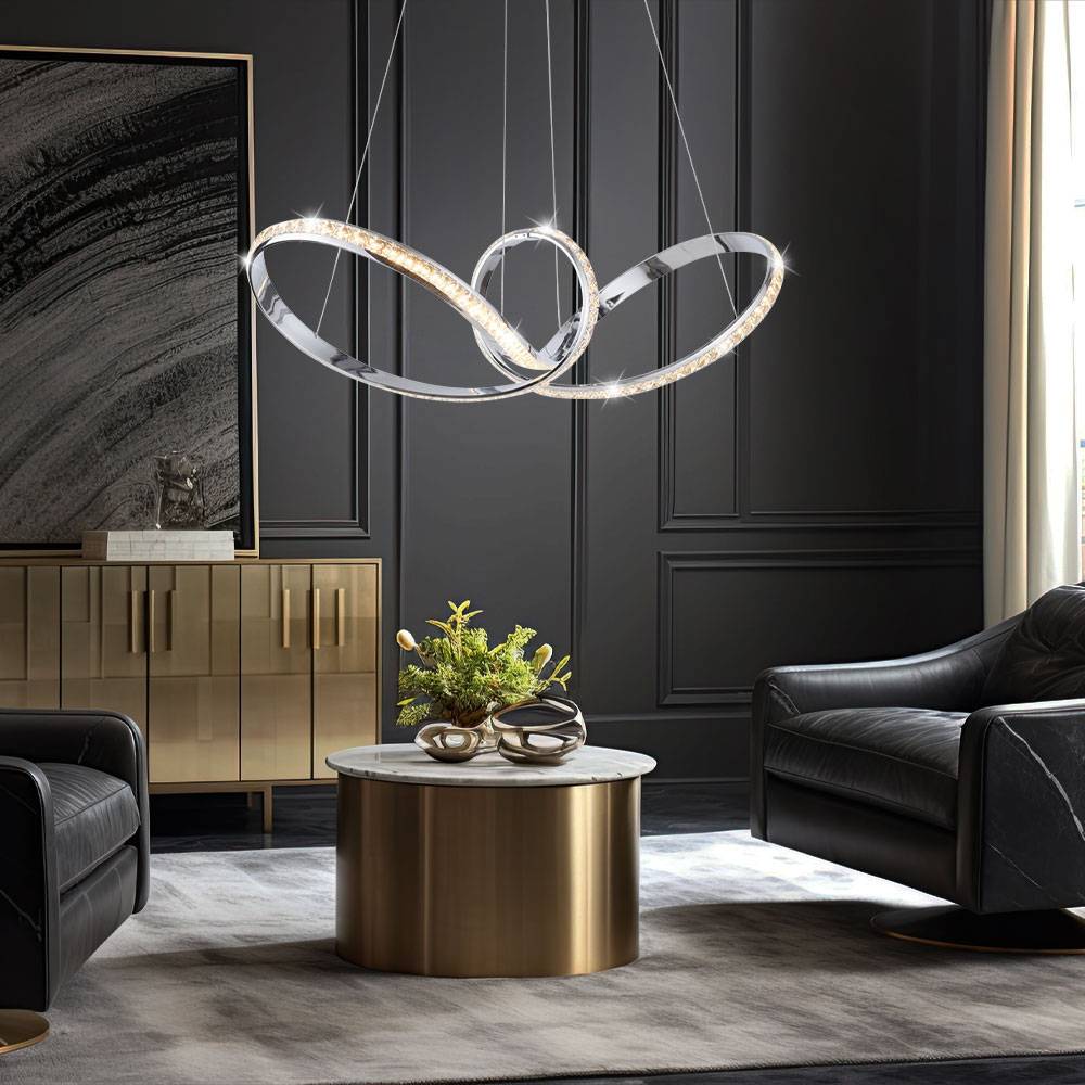 Pendellampe Hängeleuchte Wohnzimmerlampe Esszimmerleuchte Küchenlampe Deckenleuchte, Metall Chrom Kristall geschwungen, Simply Dim, LED 39W 3500Lm