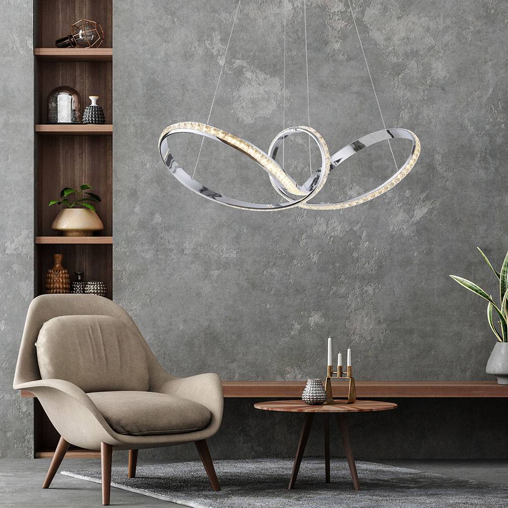 Pendellampe Hängeleuchte Wohnzimmerlampe Esszimmerleuchte Küchenlampe Deckenleuchte, Metall Chrom Kristall geschwungen, Simply Dim, LED 39W 3500Lm