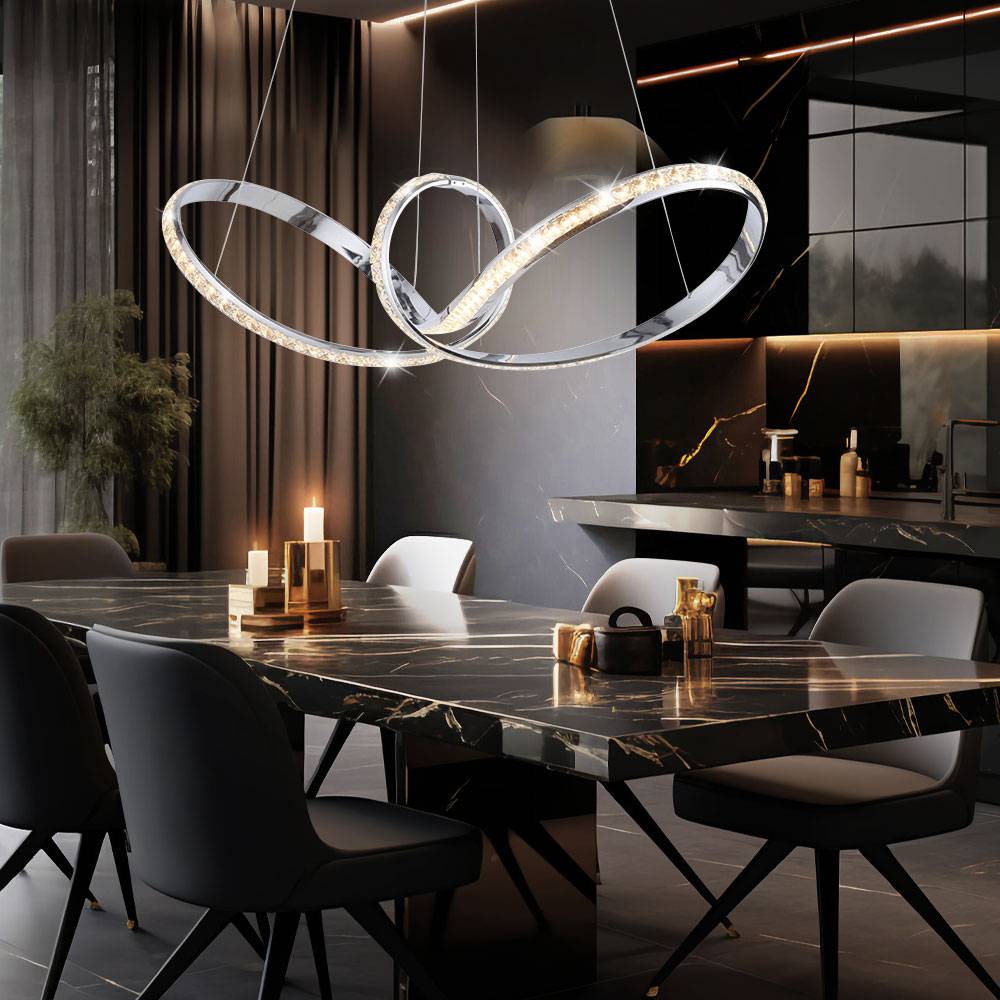 Pendellampe Hängeleuchte Wohnzimmerlampe Esszimmerleuchte Küchenlampe Deckenleuchte, Metall Chrom Kristall geschwungen, Simply Dim, LED 39W 3500Lm