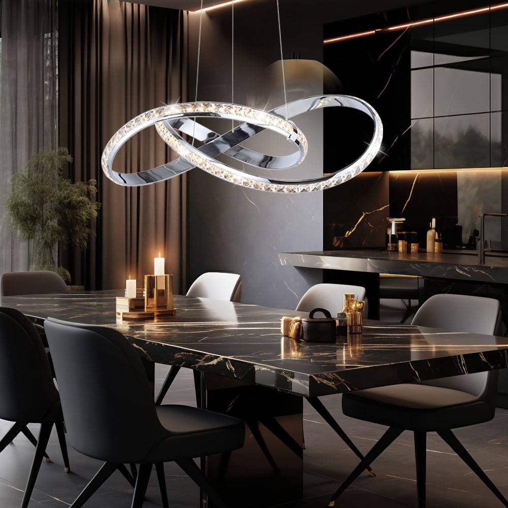 Hängeleuchte Pendellampe Wohnzimmerlampe Esszimmerleuchte Küchenlampe Deckenleuchte, Metall Chrom Kristall geschwungen, Simply Dim, LED 30W 2700Lm