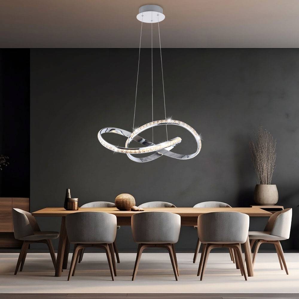 Hängeleuchte Pendellampe Wohnzimmerlampe Esszimmerleuchte Küchenlampe Deckenleuchte, Metall Chrom Kristall geschwungen, Simply Dim, LED 30W 2700Lm