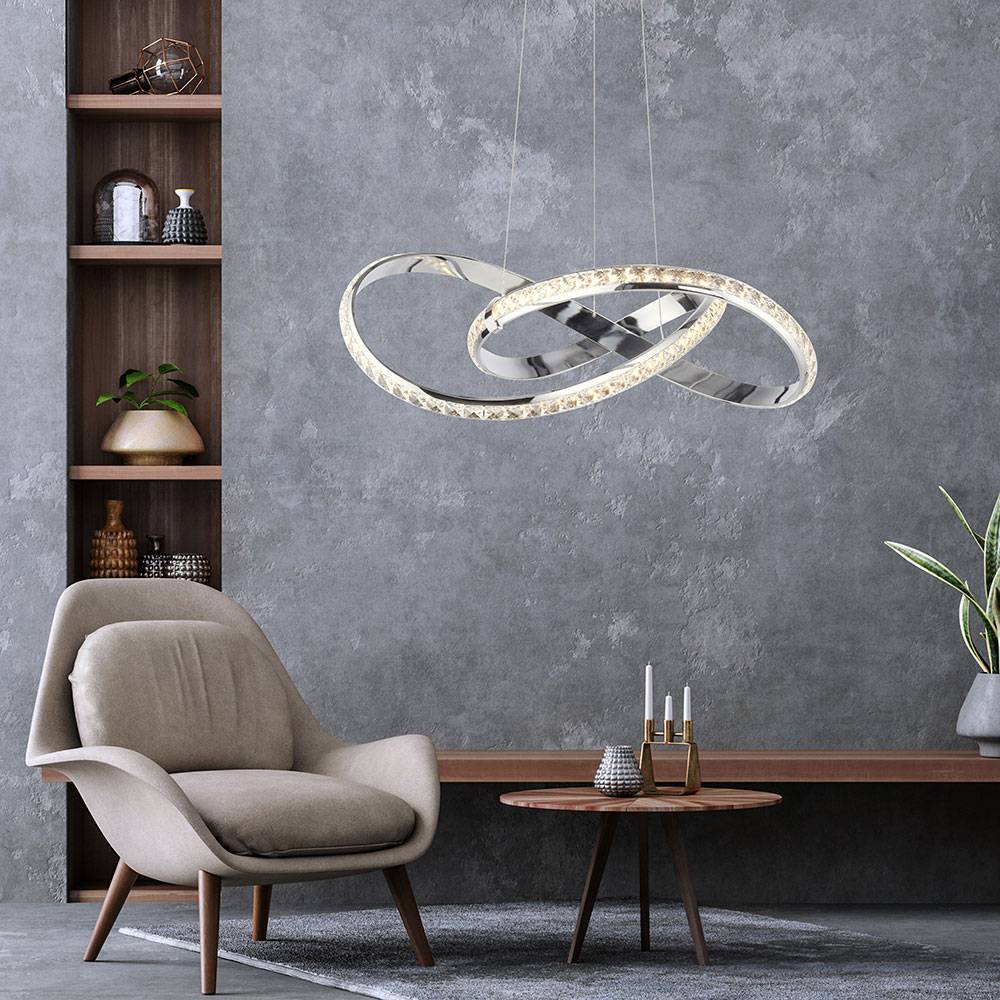 Hängeleuchte Pendellampe Wohnzimmerlampe Esszimmerleuchte Küchenlampe Deckenleuchte, Metall Chrom Kristall geschwungen, Simply Dim, LED 30W 2700Lm