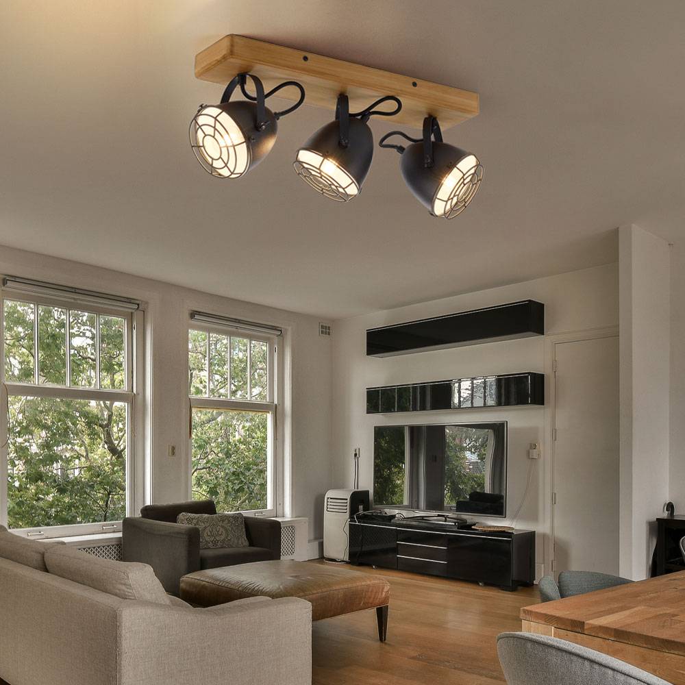 Deckenlampe schwarz Wohnzimmerleuchte Landhaus Deckenstrahler 3-flammig Holzlampe, schwenkbare Spotleiste, Metall matt, 3x E14, LxBxH 46x17x20 cm