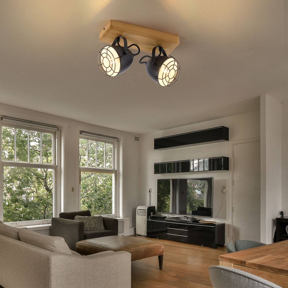 Deckenlampe Spotleiste schwarz Schlafzimmerlampe 2-flammig Landhaus Holzlampe, schwenkbare Strahler, Metall matt, 2x E14 Fassung, LxBxH 30,5x17x20