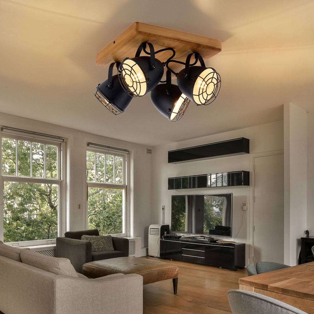 Deckenlampe schwarz Deckenspots 4-flammig Wohnzimmerlampe Landhaus Holzlampe, schwenkbare Strahler, Metall matt, 4x E14 Fassung, LxBxH 31x31x20 cm