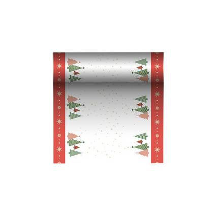 Dekoratives Feiertagsband oder Geschenkpapier mit roten Rändern, Sternen, Punkten und kleinen grünen und rosa baumartigen Dreiecken auf weißem Hintergrund.