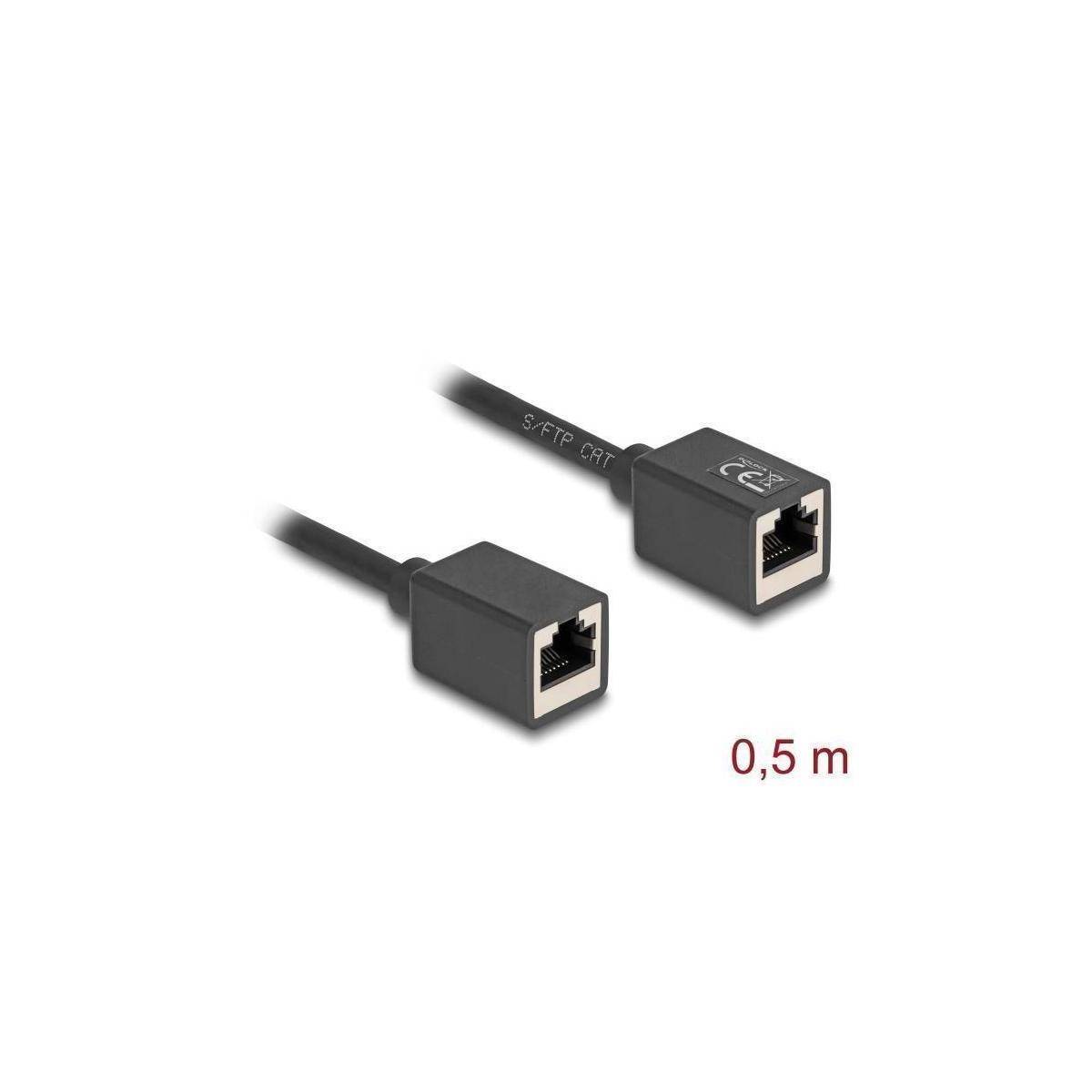Zwei schwarze Ethernet-Kabelstecker, die sich gegenüberliegen, mit dem Text '0,5 m', der die Länge angibt.