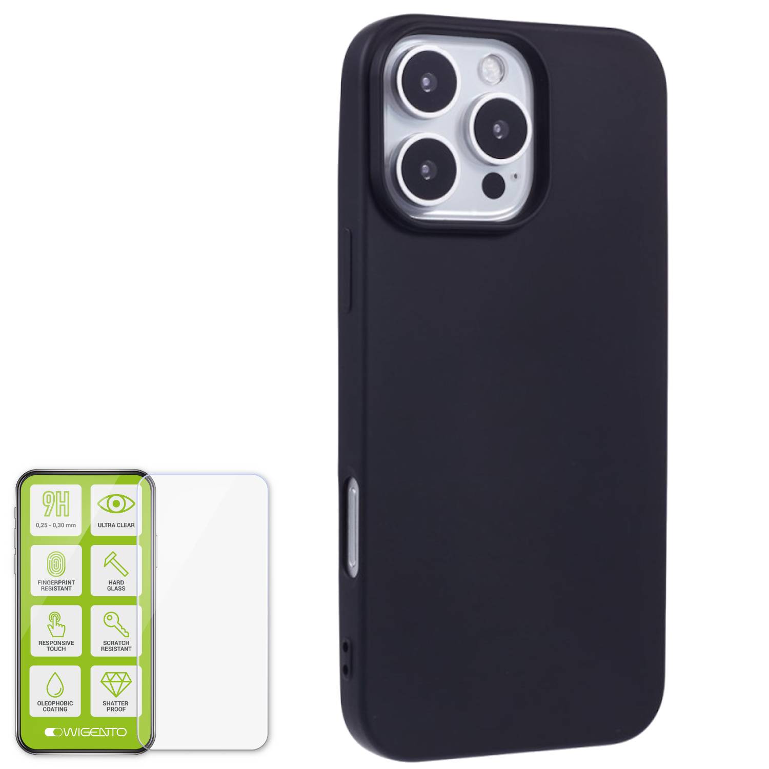 Für Apple iPhone 16 Pro Silikon TPU Hülle Case Schwarz + H9 Hart Glas