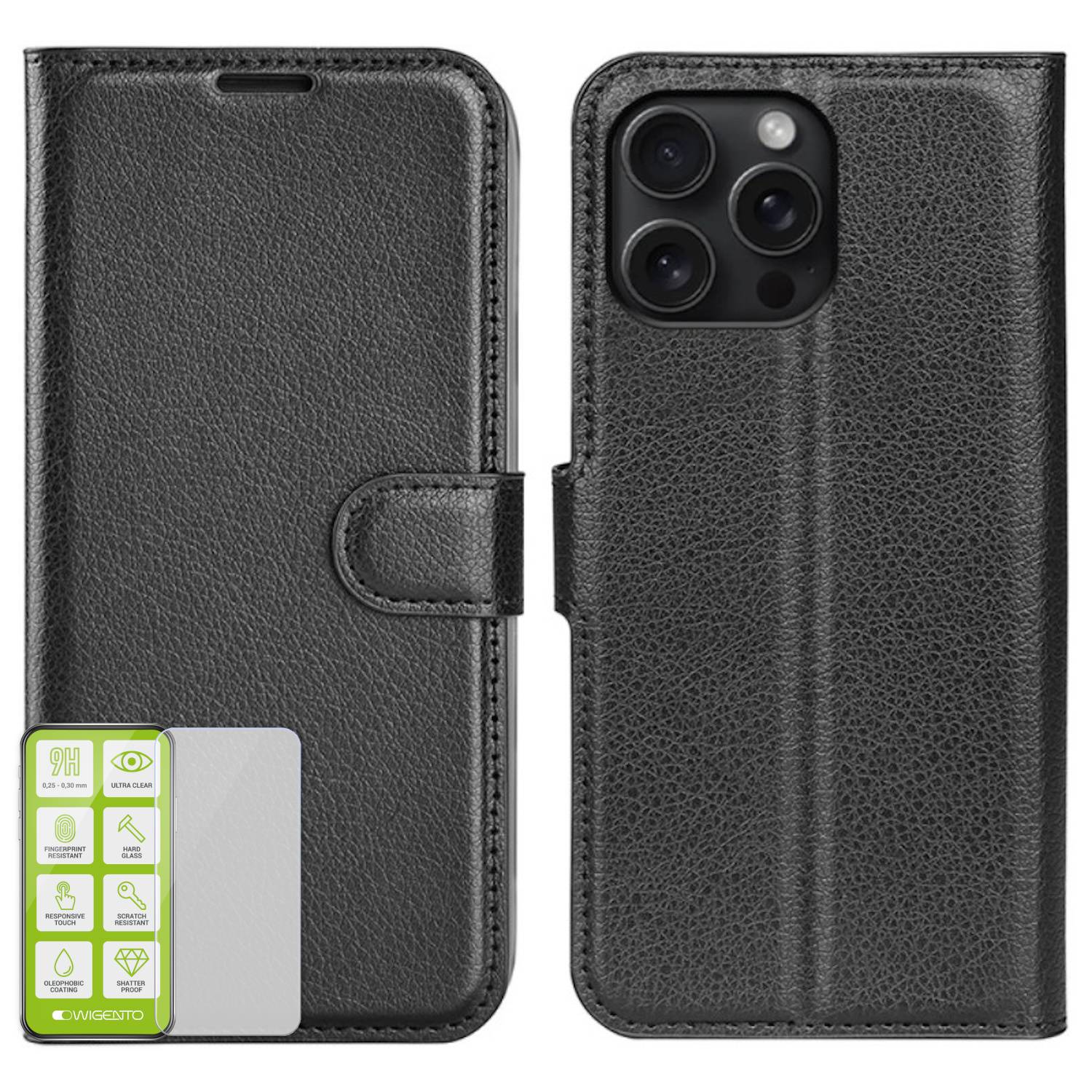 Für Apple iPhone 16 Pro Kunst Leder Book Wallet Tasche + Hart Glas