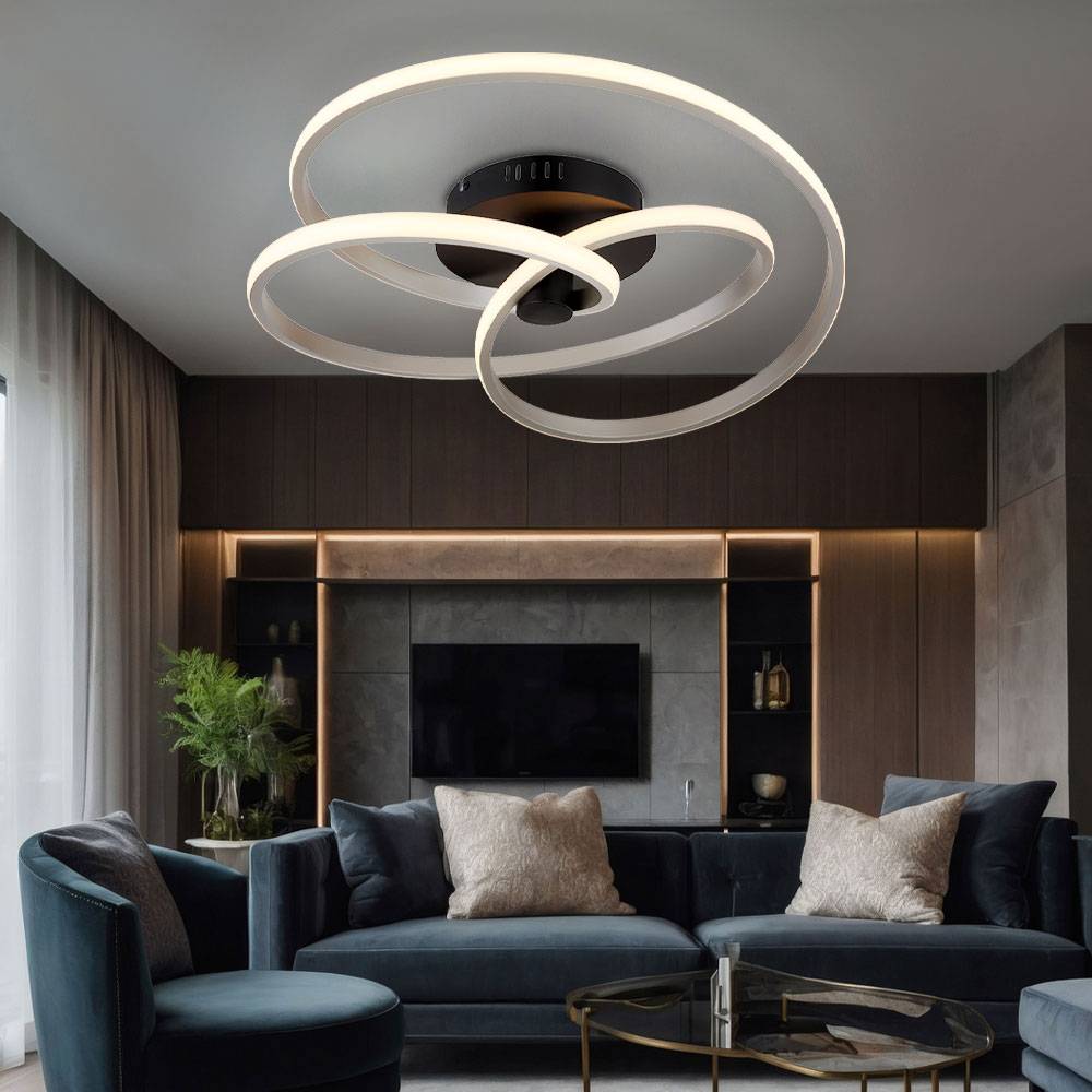 LED Deckenleuchte schwarz silber Designleuchte geschwungen Deckenlampe Modern, opal, 40W 2500Lm 3000K warmweiß, D 50 cm