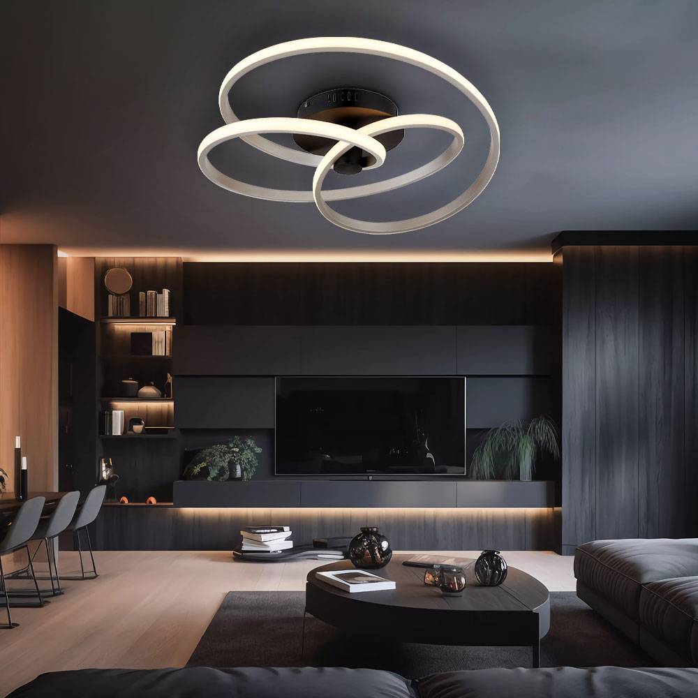 LED Deckenleuchte schwarz silber Designleuchte geschwungen Deckenlampe Modern, opal, 40W 2500Lm 3000K warmweiß, D 50 cm