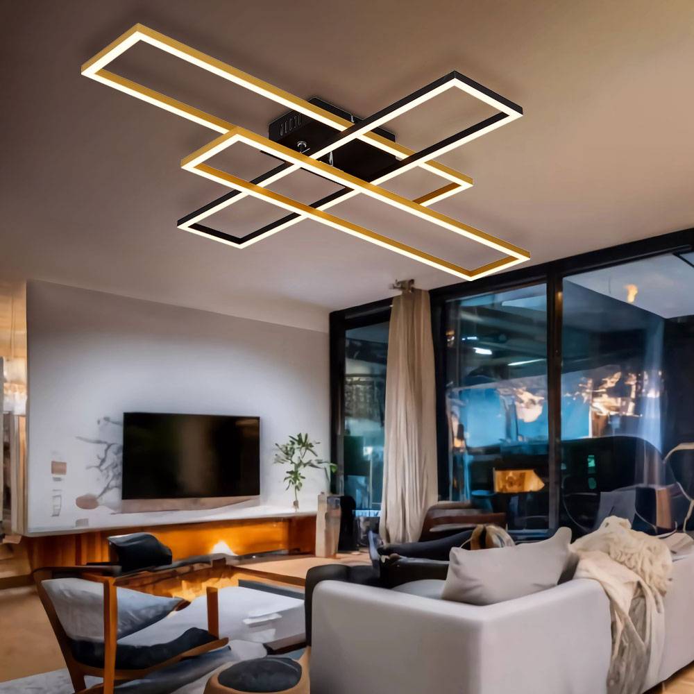 LED Deckenleuchte beweglich Deckenlampe schwarz gold Designleuchte, Alu gold schwarz, 40W 1650Lm warmweiß, LxBxH 80x60x9,5 cm