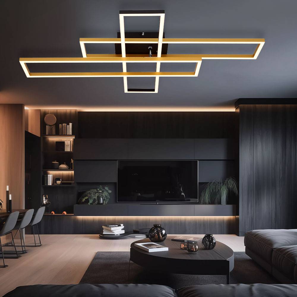 LED Deckenleuchte beweglich Deckenlampe schwarz gold Designleuchte, Alu gold schwarz, 40W 1650Lm warmweiß, LxBxH 80x60x9,5 cm