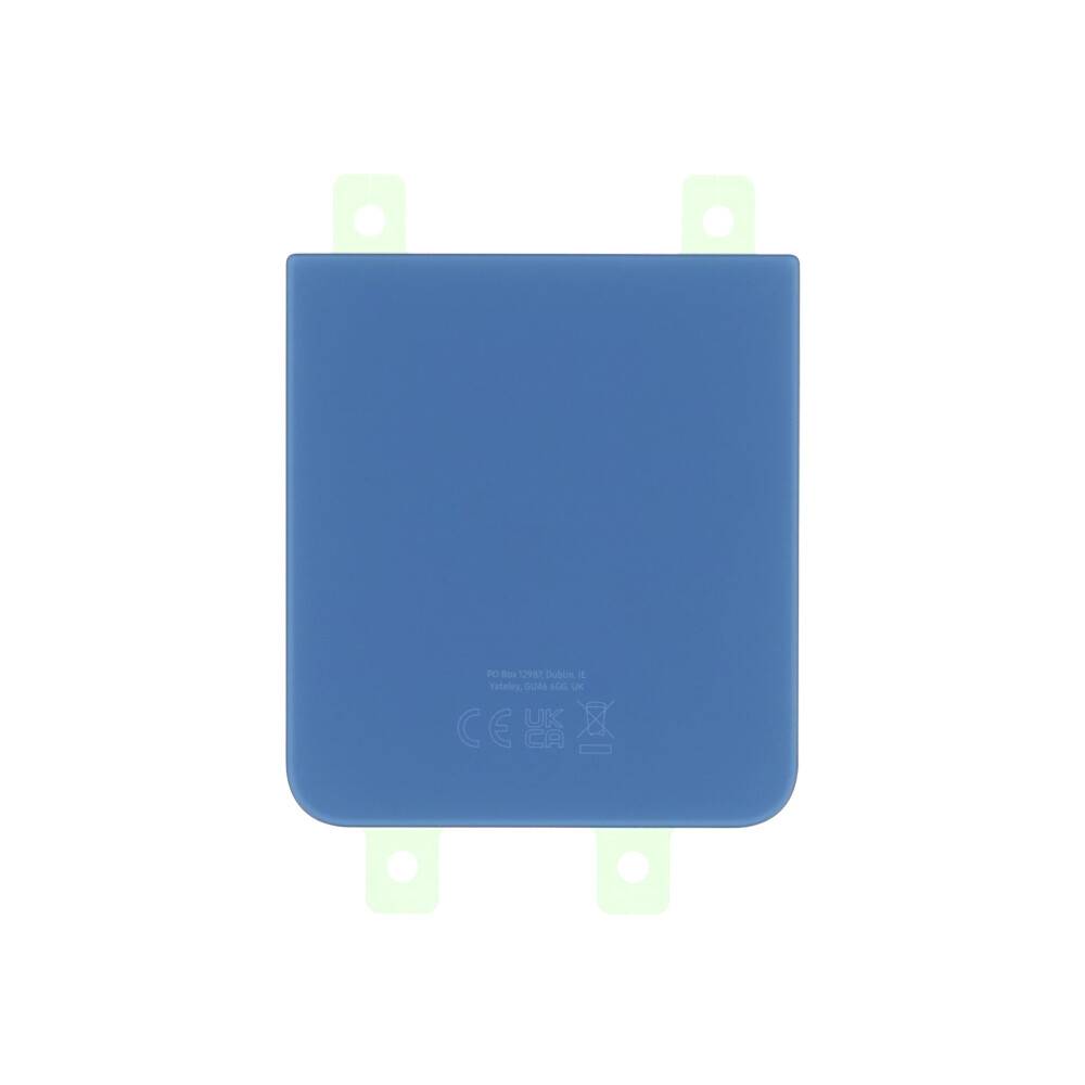 Ein blaues, flaches, rechteckiges Objekt mit abgerundeten Kanten und kleinen vorstehenden Laschen oben und an den Seiten, mit Symbolen und Text am unteren Ende.