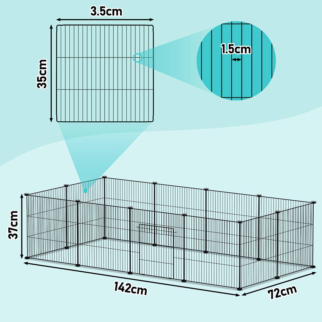 Diagramm eines Drahtgehäuses für Haustiere mit den Abmessungen: 142 cm lang, 72 cm breit, 37 cm hoch, mit Panelabstand 1,5 cm und Panelgröße 3,5 cm mal 35 cm.