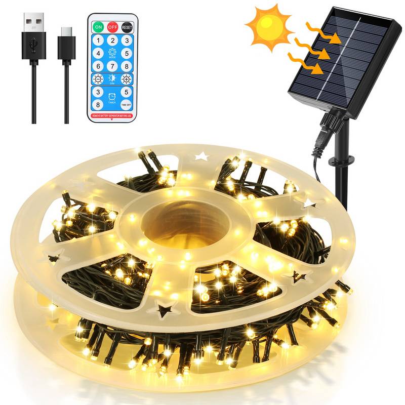 50M 500LEDs Solar Lichterkette 8 Beleuchtungsmodell IP44 Wasserdicht Außen Garten Party Weihnachten Deko Warmweiß