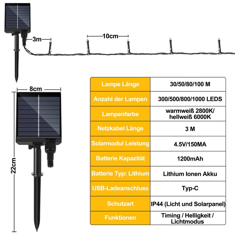 100M 1000LEDs Solar Lichterkette 8 Beleuchtungsmodell IP44 Wasserdicht Außen Garten Party Weihnachten Deko Warmweiß 2 Stück