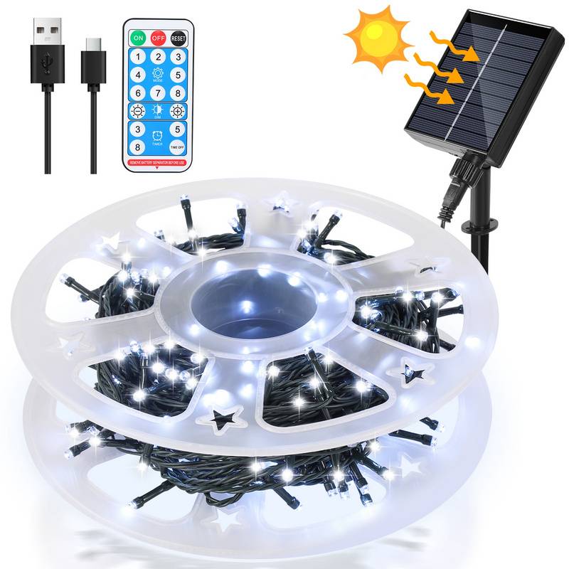 50M 500LEDs Solar Lichterkette 8 Beleuchtungsmodell IP44 Wasserdicht Außen Garten Party Weihnachten Deko Kaltweiß