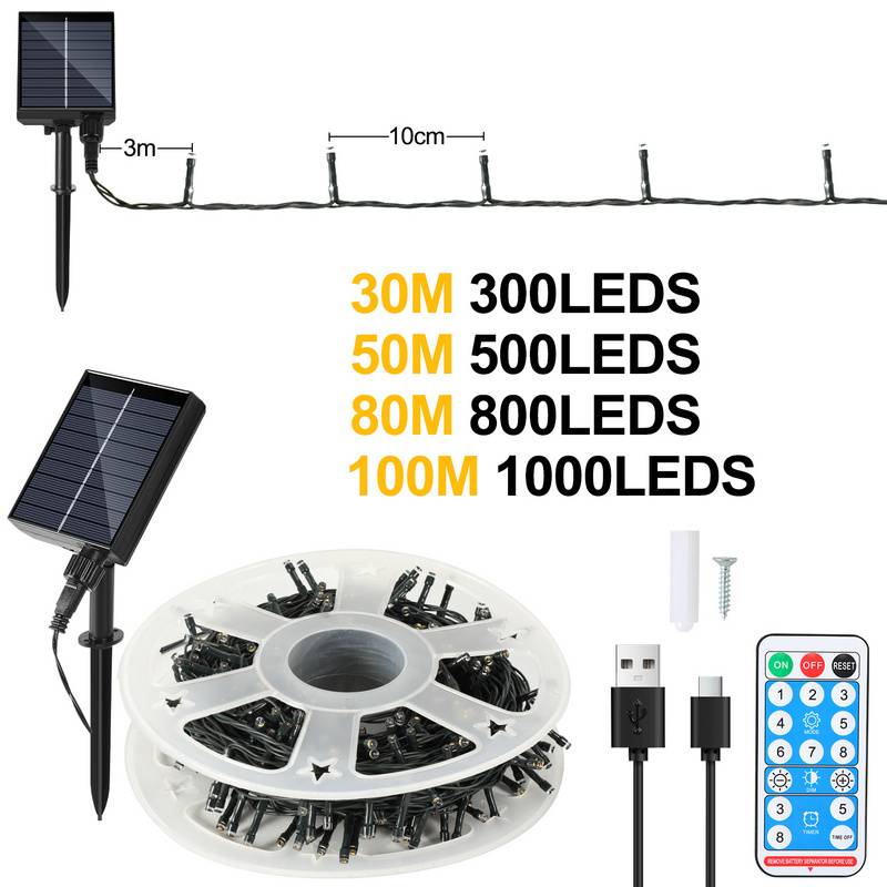 50M 500LEDs Solar Lichterkette 8 Beleuchtungsmodell IP44 Wasserdicht Außen Garten Party Weihnachten Deko Kaltweiß 2 Stück